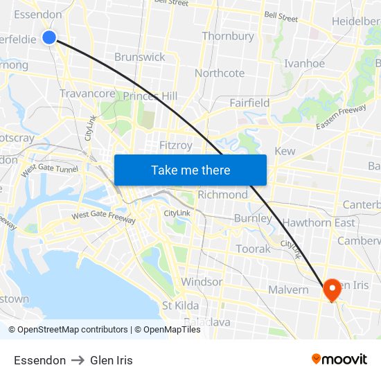 Essendon to Glen Iris map