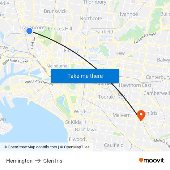 Flemington to Glen Iris map