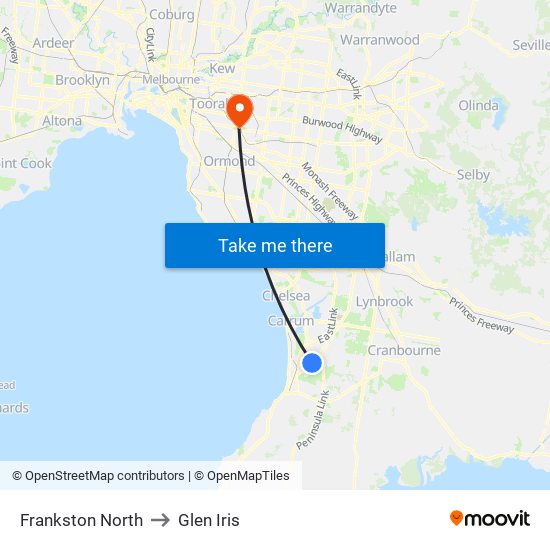 Frankston North to Glen Iris map