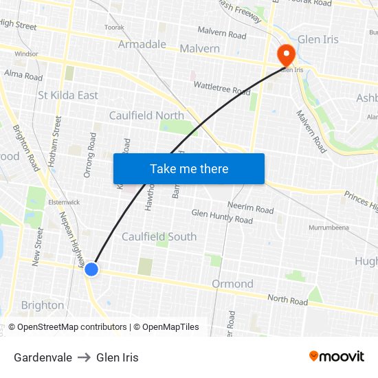 Gardenvale to Glen Iris map