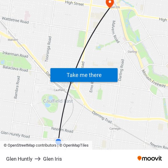 Glen Huntly to Glen Iris map