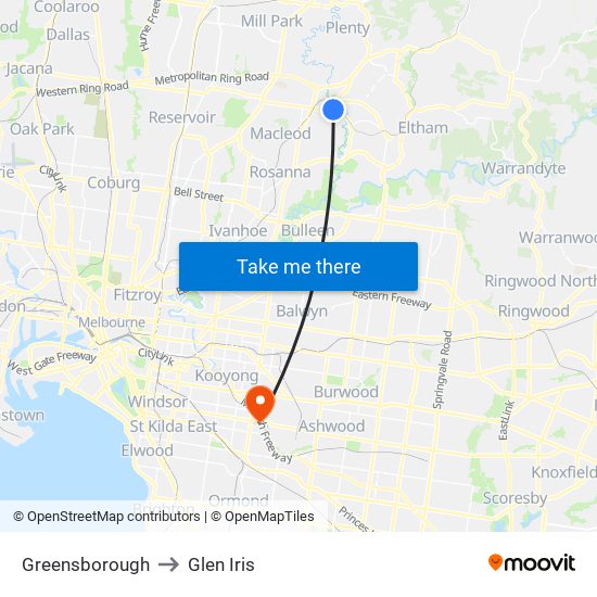 Greensborough to Glen Iris map