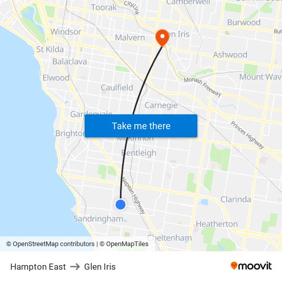 Hampton East to Glen Iris map