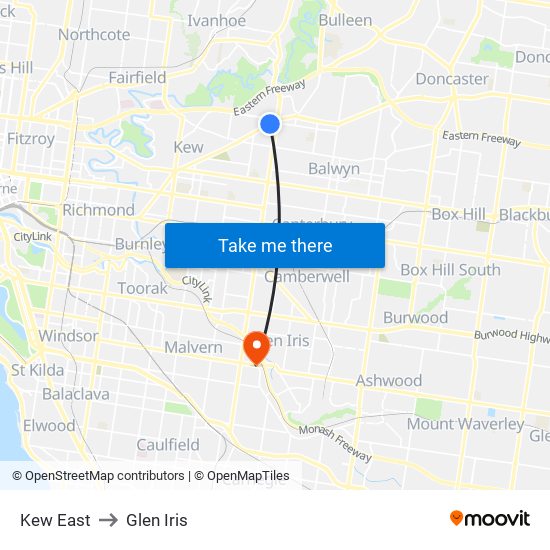 Kew East to Glen Iris map