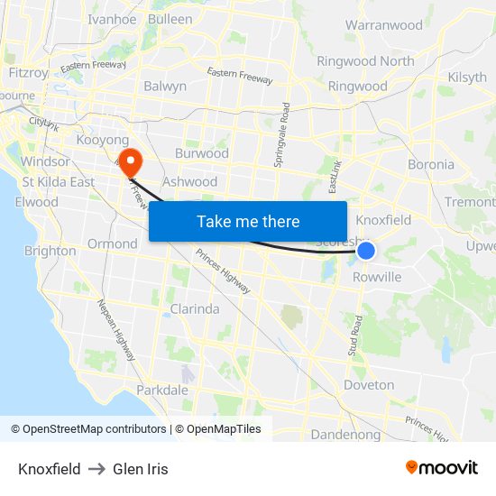 Knoxfield to Glen Iris map