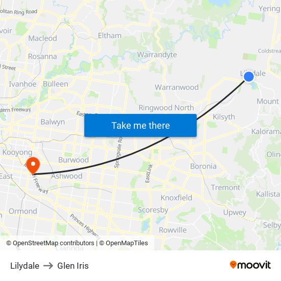 Lilydale to Glen Iris map