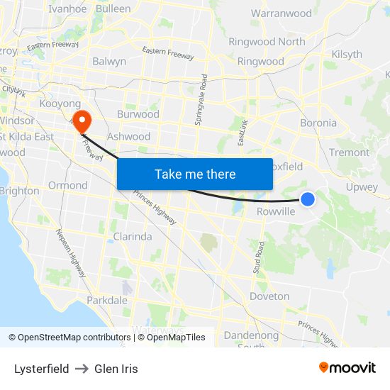 Lysterfield to Glen Iris map