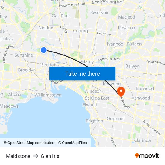 Maidstone to Glen Iris map