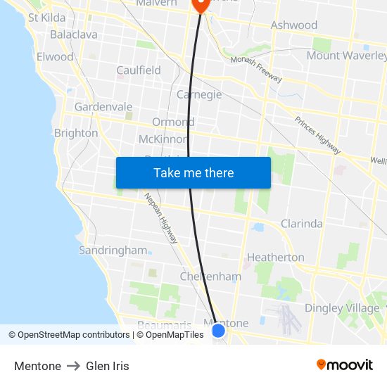 Mentone to Glen Iris map