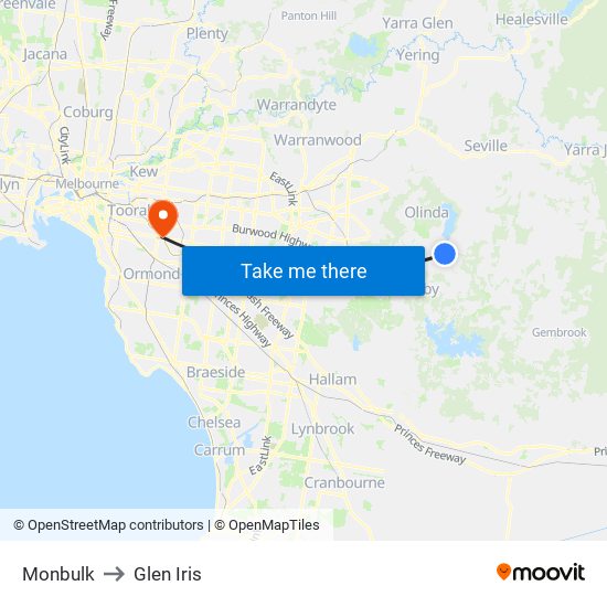 Monbulk to Glen Iris map