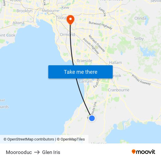 Moorooduc to Glen Iris map