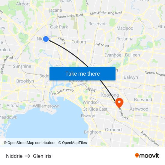 Niddrie to Glen Iris map