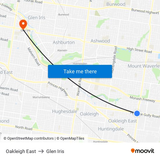 Oakleigh East to Glen Iris map