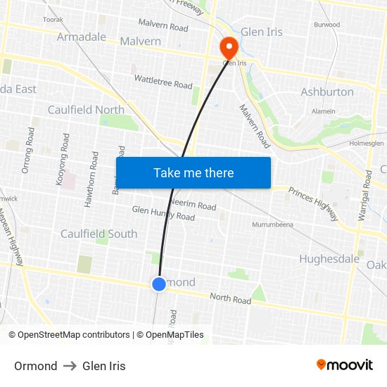 Ormond to Glen Iris map