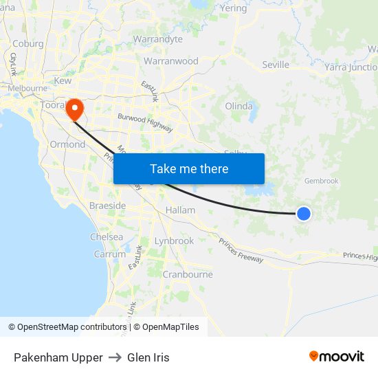 Pakenham Upper to Glen Iris map