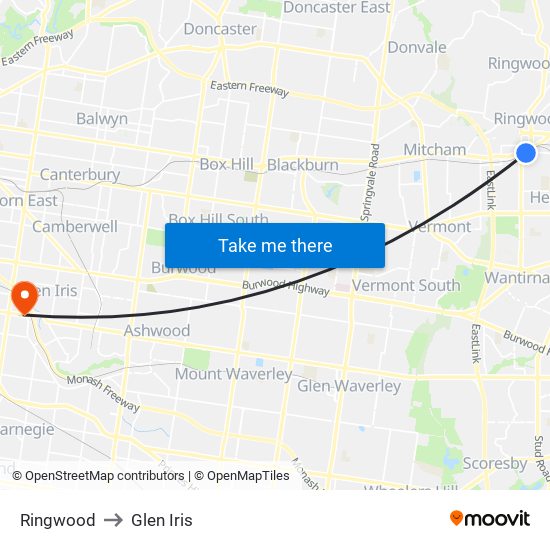 Ringwood to Glen Iris map