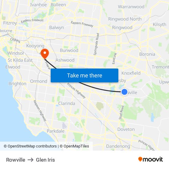 Rowville to Glen Iris map