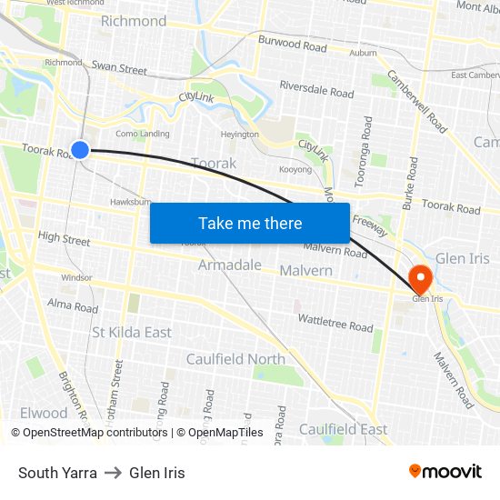 South Yarra to Glen Iris map