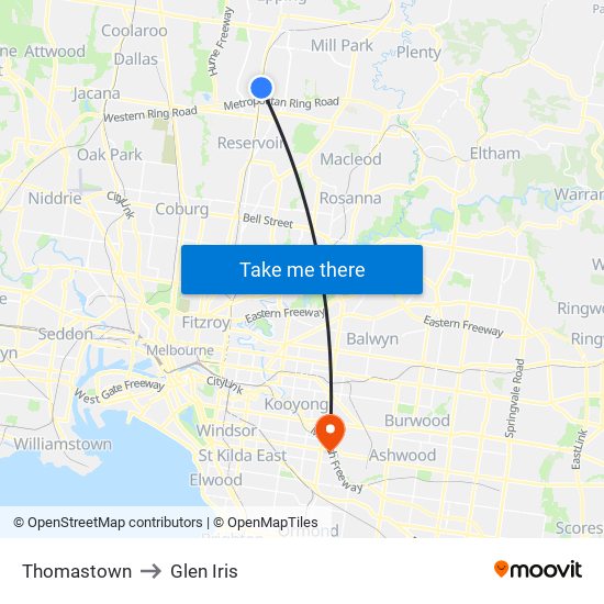 Thomastown to Glen Iris map