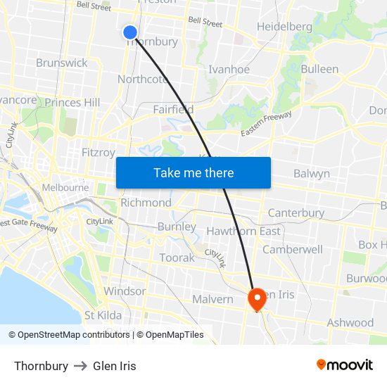 Thornbury to Glen Iris map