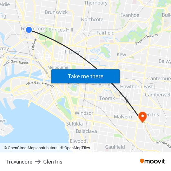 Travancore to Glen Iris map