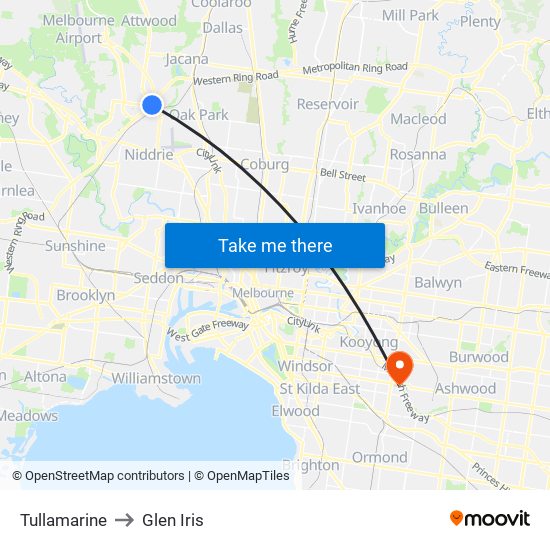 Tullamarine to Glen Iris map