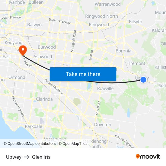 Upwey to Glen Iris map