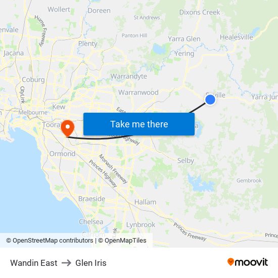 Wandin East to Glen Iris map