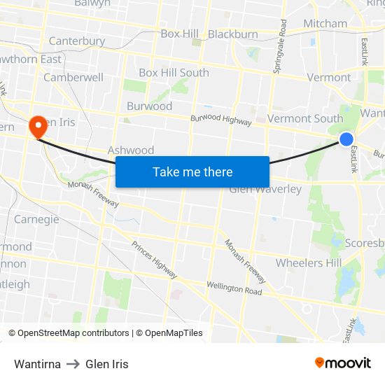 Wantirna to Glen Iris map