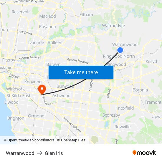 Warranwood to Glen Iris map