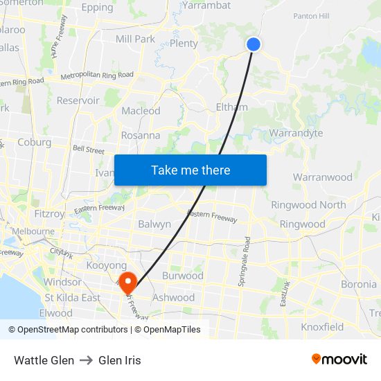 Wattle Glen to Glen Iris map