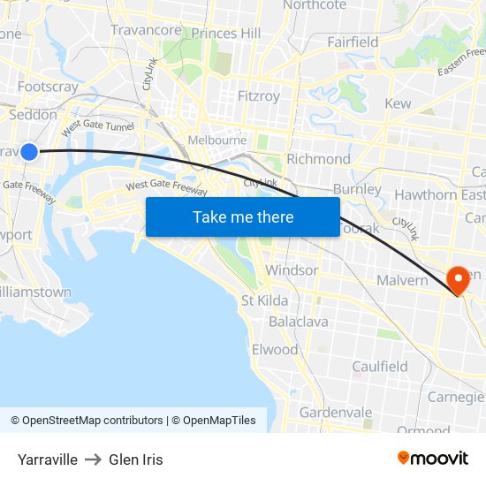 Yarraville to Glen Iris map