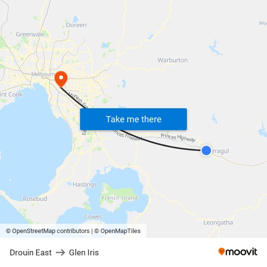 Drouin East to Glen Iris map