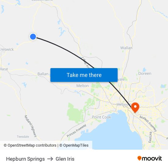 Hepburn Springs to Glen Iris map