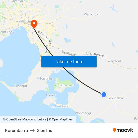 Korumburra to Glen Iris map