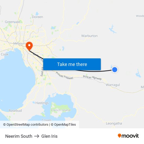 Neerim South to Glen Iris map