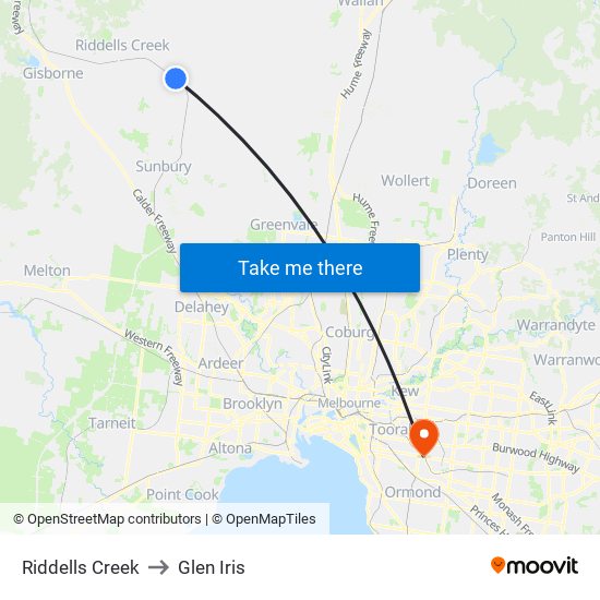 Riddells Creek to Glen Iris map