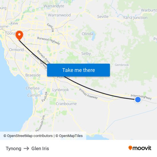 Tynong to Glen Iris map
