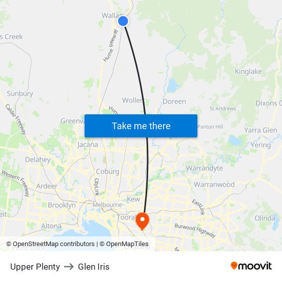 Upper Plenty to Glen Iris map