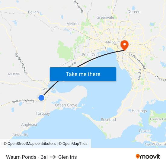 Waurn Ponds - Bal to Glen Iris map