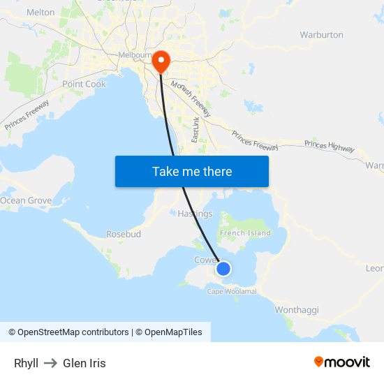 Rhyll to Glen Iris map