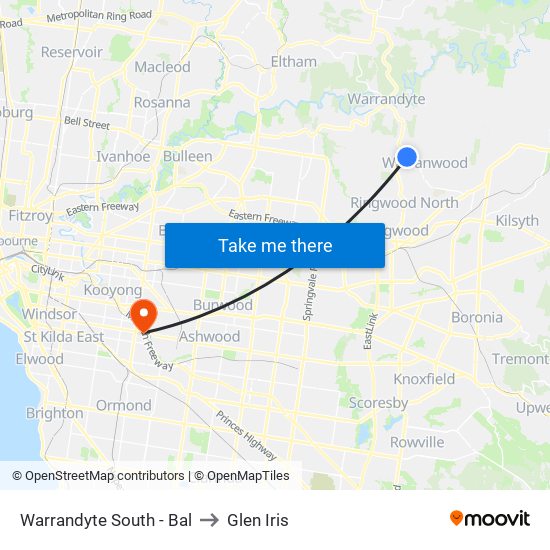 Warrandyte South - Bal to Glen Iris map