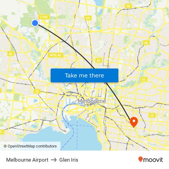 Melbourne Airport to Glen Iris map