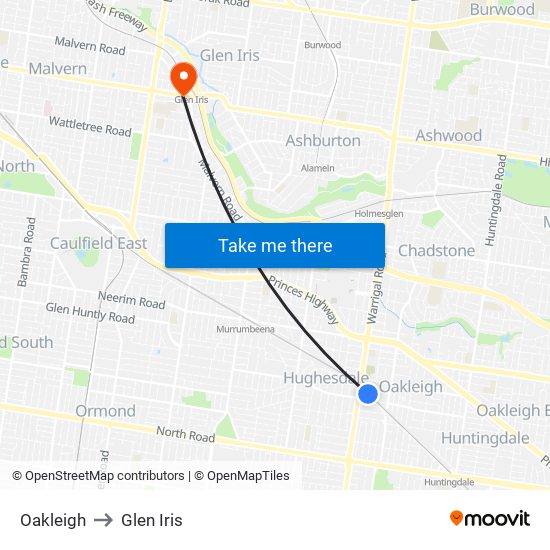 Oakleigh to Glen Iris map