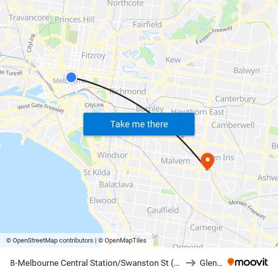 8-Melbourne Central Station/Swanston St (Melbourne City) to Glen Iris map