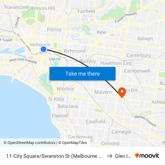 11-City Square/Swanston St (Melbourne City) to Glen Iris map