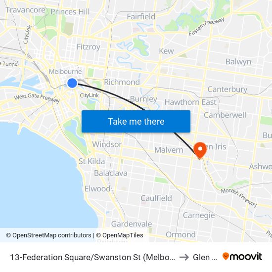 13-Federation Square/Swanston St (Melbourne City) to Glen Iris map