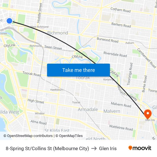 8-Spring St/Collins St (Melbourne City) to Glen Iris map