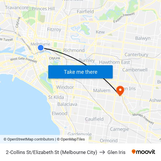 2-Collins St/Elizabeth St (Melbourne City) to Glen Iris map