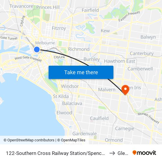 122-Southern Cross Railway Station/Spencer St (Melbourne City) to Glen Iris map